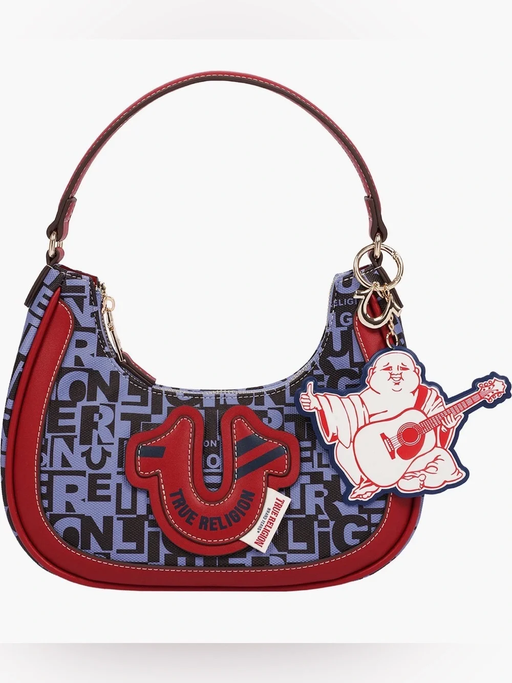 True Religion Graphic Horseshoe Hobo Bag in Blue and Red w/Buddha Charm